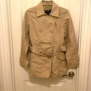 Eddie Bauer Tan Khaki‎ Belted double Button Down Coat women’s Sz S tunic length
